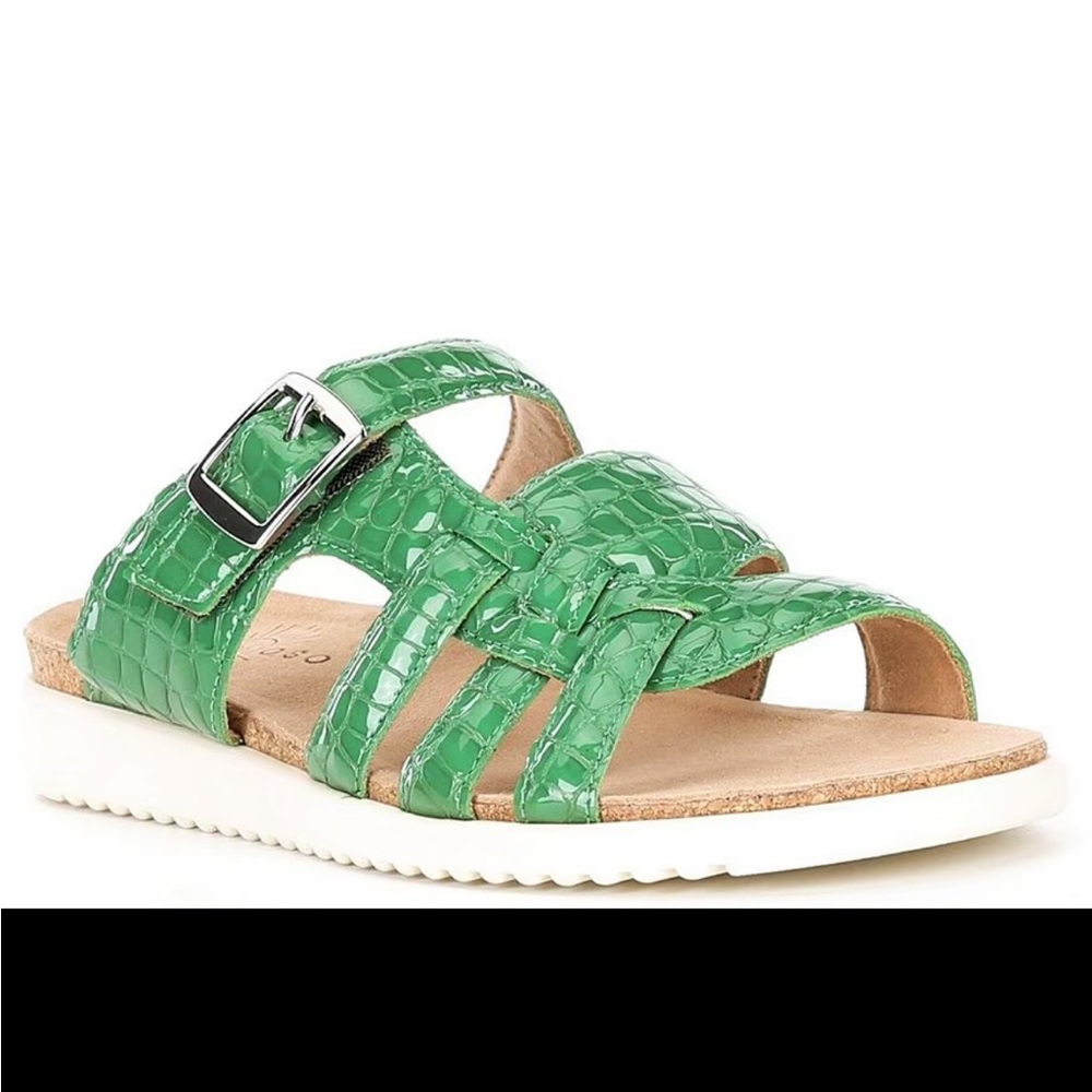 Brioso Haddon Patent Leather Sandal Crocodile Slide MONSTERA GREEN 9 cork buckle - Picture 3 of 16